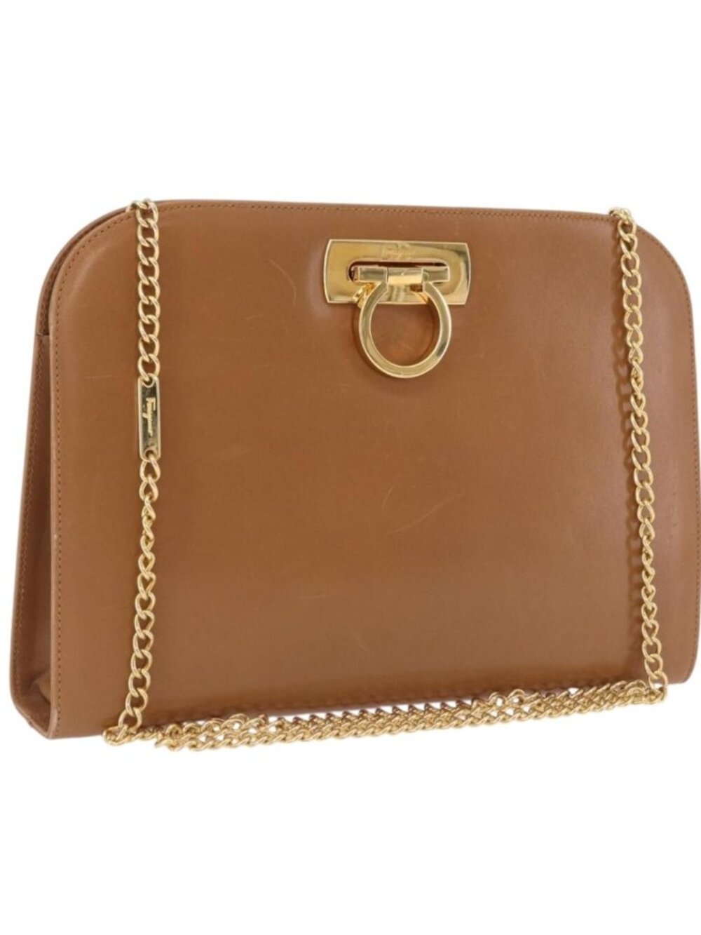 Salvatore Ferragamo Gancini Chain Shoulder Bag Leather Brown Gold